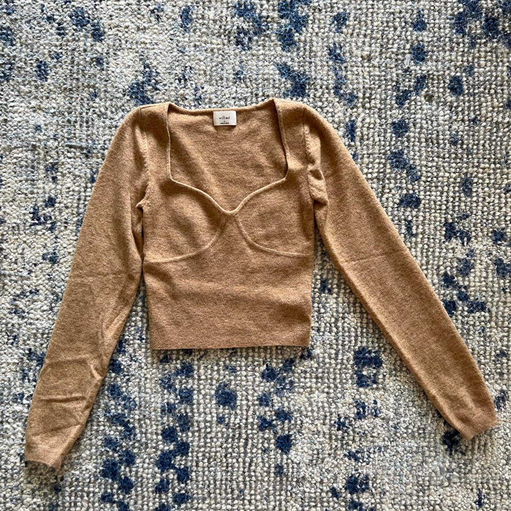 Aritzia Wilfred Greer Cropped Sweater, Heather Tannin, Size Small